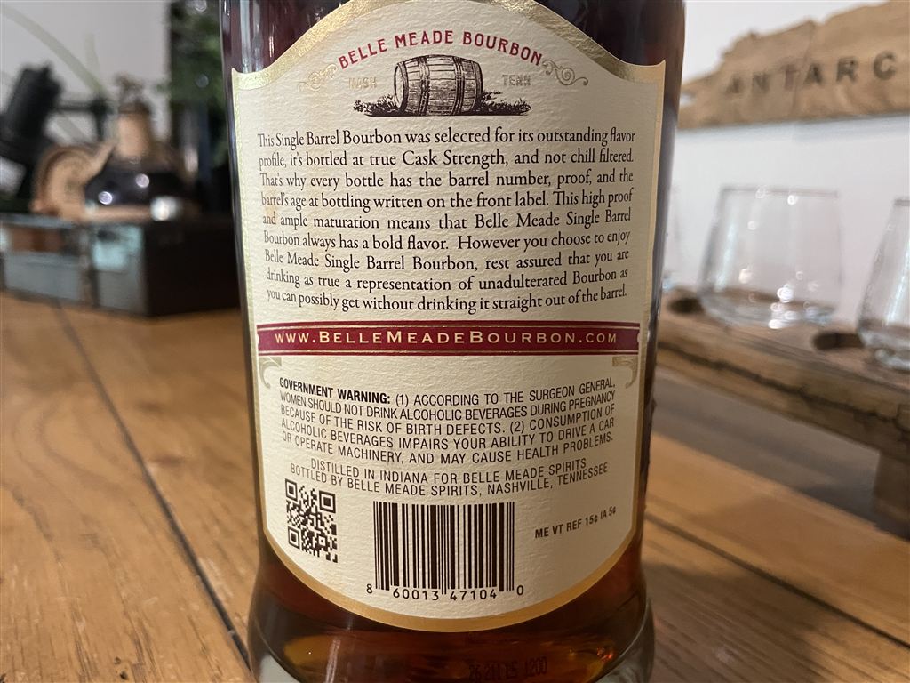Belle Meade 10 Year Cask Strength Single Barrel Bourbon Back Label