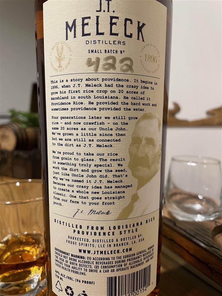 J.T. Meleck Rice Whiskey Back Label